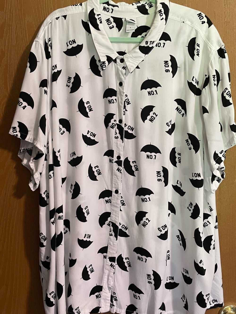 Black & White Short-Sleeve Button-Up Shirt. Umbrella Academy